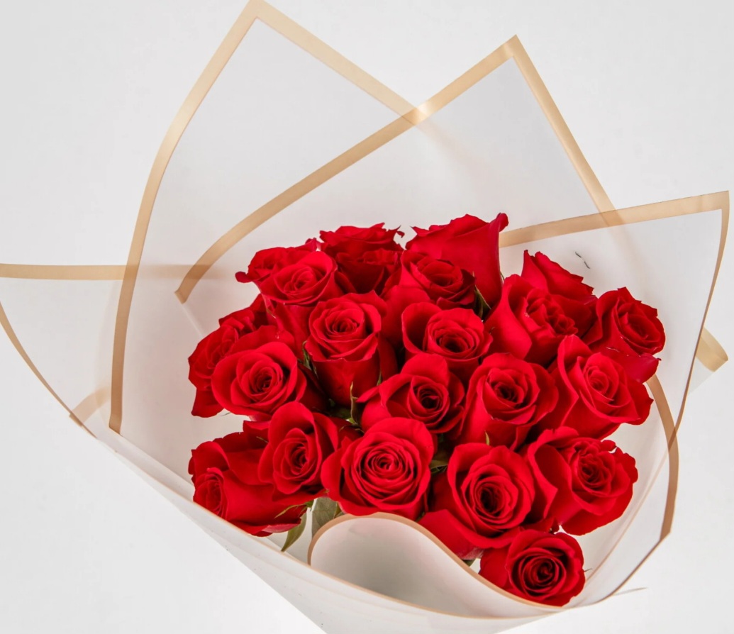 Red rose bouquet in white gold wrapping